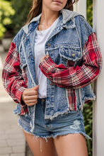 Load image into Gallery viewer, Raw Hem Drawstring Plaid Denim Jacket