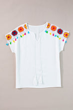 Load image into Gallery viewer, Tassel Tie Neck Short Sleeve Blouse