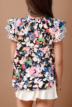 Load image into Gallery viewer, Ruffled Printed Tie Neck Cap Sleeve Blouse