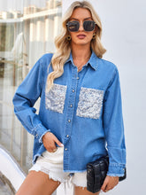 Load image into Gallery viewer, Raw Hem Button Up Long Sleeve Denim Jacket with Sequin Pockets