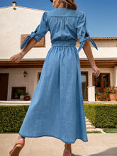 Load image into Gallery viewer, Plunge Button Up Half Sleeve Denim Dress