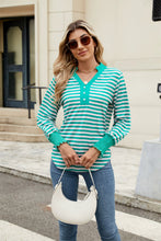 Load image into Gallery viewer, Contrast Striped Notched Long Sleeve Top