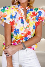 Load image into Gallery viewer, Ruffled Printed Notched Cap Sleeve Blouse