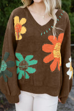 Load image into Gallery viewer, Flower V-Neck Dropped Shoulder Sweater