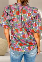 Load image into Gallery viewer, Ruffled Printed Tie Neck Short Sleeve Blouse