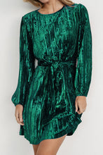 Load image into Gallery viewer, Velvet Round Neck Tie Waist Long Sleeve Mini Dress