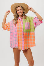 Load image into Gallery viewer, BiBi Plaid Collared Neck Half Sleeve Shirt