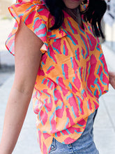 Load image into Gallery viewer, Ruffled Printed V-Neck Cap Sleeve Blouse