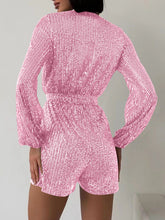 Load image into Gallery viewer, Full Size Sequin Surplice Tie Waist Long Sleeve Romper