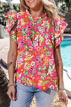 Load image into Gallery viewer, Ruffled Printed Mock Neck Cap Sleeve Blouse