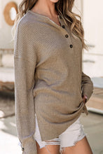 Load image into Gallery viewer, Quarter Button Round Neck Dropped Shoulder Knit Top