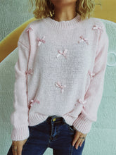 Load image into Gallery viewer, Bow Trim Round Neck Long Sleeve Sweater