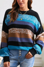Load image into Gallery viewer, Contrast Striped Round Neck Drop Shoulder Sweater