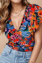Load image into Gallery viewer, Ruched Printed V-Neck Short Sleeve Blouse