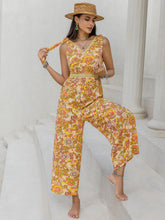 Load image into Gallery viewer, Printed V-Neck Tie Shoulder Jumpsuit