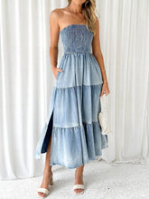 Load image into Gallery viewer, Slit Smocked Tube Tiered Denim Dress