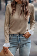 Load image into Gallery viewer, Lace Detail Round Neck Long Sleeve T-Shirt