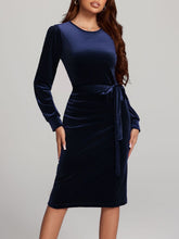 Load image into Gallery viewer, Round Neck Tie Waist Long Sleeve Velvet Dress