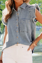 Load image into Gallery viewer, Raw Hem Button Up Cap Sleeve Denim Top
