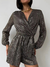 Load image into Gallery viewer, Full Size Sequin Surplice Tie Waist Long Sleeve Romper