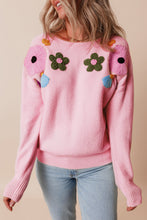 Load image into Gallery viewer, Crochet Flower Round Neck Dropped Shoulder Sweater