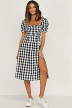 Load image into Gallery viewer, Full Size Slit Plaid Short Sleeve Midi Dress