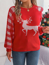 Load image into Gallery viewer, Reindeer Plaid Round Neck Long Sleeve Sweater
