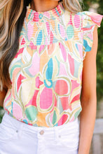 Load image into Gallery viewer, Ruffled Printed Mock Neck Cap Sleeve Blouse
