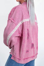Load image into Gallery viewer, Lace Detail Distressed Raw Hem Long Sleeve Denim Jacket