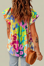 Load image into Gallery viewer, Ruffled Printed Tie Neck Cap Sleeve Blouse