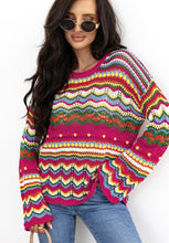 Load image into Gallery viewer, Openwork Contrast Round Neck Flare Sleeve Knit Top