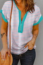 Load image into Gallery viewer, Striped Notched Short Sleeve T-Shirt