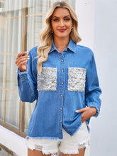 Load image into Gallery viewer, Raw Hem Button Up Long Sleeve Denim Jacket with Sequin Pockets