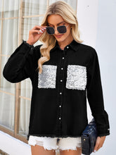 Load image into Gallery viewer, Raw Hem Button Up Long Sleeve Denim Jacket with Sequin Pockets