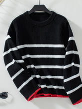 Load image into Gallery viewer, Striped Round Neck Dropped Shoulder Sweater
