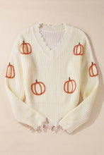Load image into Gallery viewer, Raw Hem Pumpkin V-Neck Long Sleeve Sweater