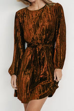 Load image into Gallery viewer, Velvet Round Neck Tie Waist Long Sleeve Mini Dress