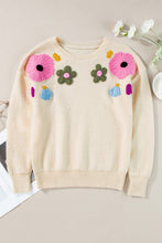 Load image into Gallery viewer, Crochet Flower Round Neck Dropped Shoulder Sweater