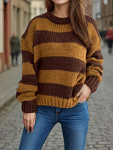 Load image into Gallery viewer, Contrast Striped Round Neck Long Sleeve Sweater