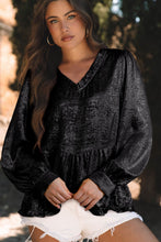 Load image into Gallery viewer, Frill Peplum V-Neck Long Sleeve Blouse