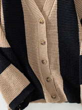 Load image into Gallery viewer, Waffle-Knit V-Neck Striped Long Sleeve Cardigan
