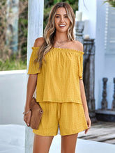 Load image into Gallery viewer, Full Size Off-Shoulder Short Sleeve Top and Tied Shorts Set