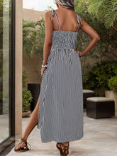 Load image into Gallery viewer, Tied Smocked Striped Sleeveless Midi Dress