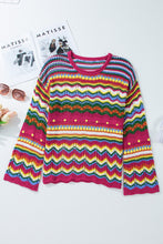Load image into Gallery viewer, Openwork Contrast Round Neck Flare Sleeve Knit Top