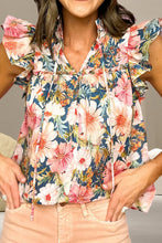 Load image into Gallery viewer, Ruffled Printed Tie Neck Cap Sleeve Blouse