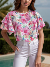 Load image into Gallery viewer, Floral Round Neck Flutter Sleeve Blouse