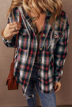 Load image into Gallery viewer, Drawstring Plaid Button Up Hooded Shacket