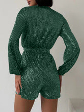Load image into Gallery viewer, Full Size Sequin Surplice Tie Waist Long Sleeve Romper
