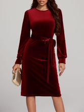 Load image into Gallery viewer, Round Neck Tie Waist Long Sleeve Velvet Dress