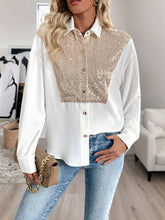 Load image into Gallery viewer, Perfee Sequin Contrast Collared Neck Long Sleeve Shirt